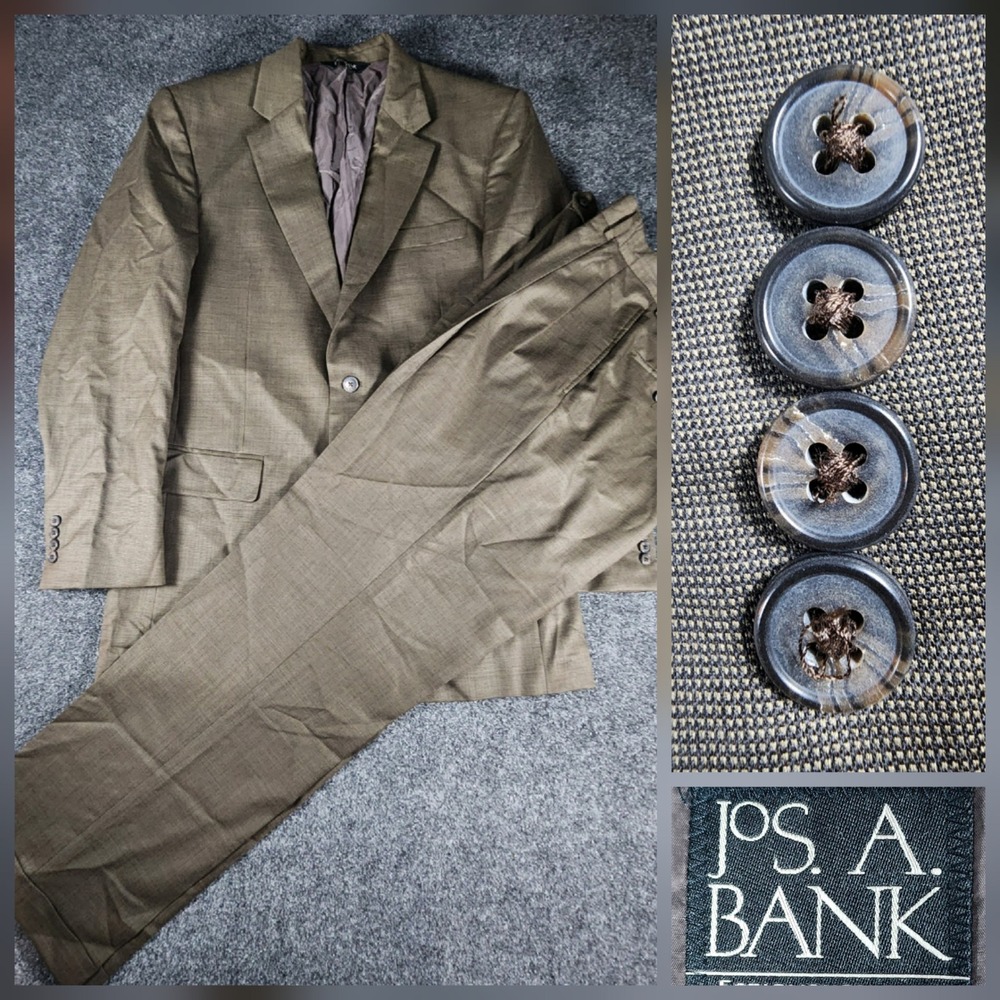 Jos. A. Bank 2pc Suit Mens 40L Pants 34x31.5 Olive Brown 100% Wool Pleated Pants